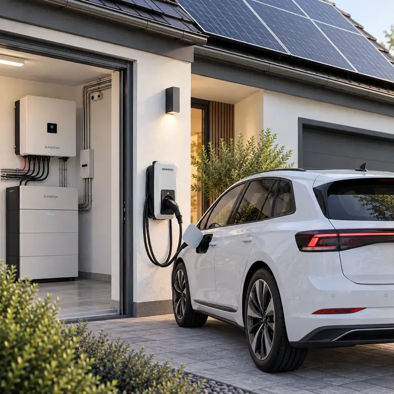 Wohnhaus mit Photovoltaikanlage, Batteriespeicher, Wechselrichter, Wallbox und Elektroauto
