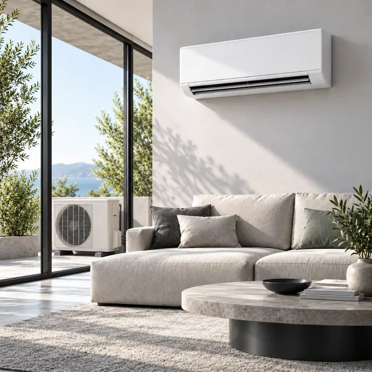 Modernes Haus mit Split-Klimaanlage und Innen- und Außengerät
